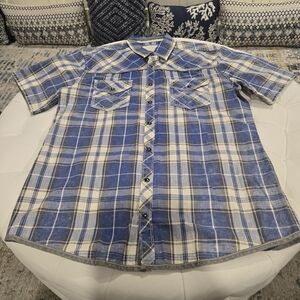 BKE Vintage Pearl Snap Shirt Blue/ White Plaid Design Short Sleeve L Men
